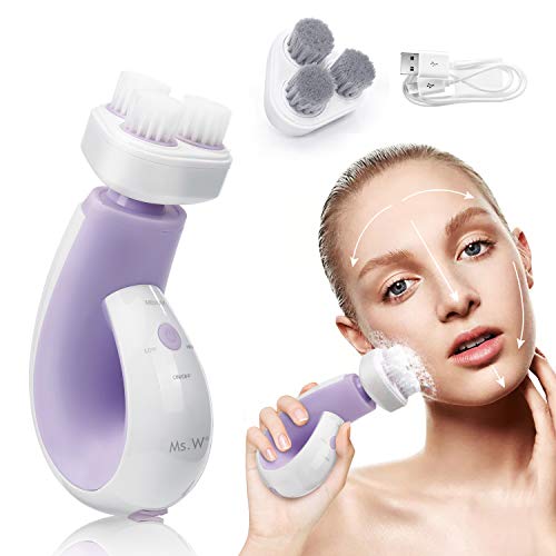 Facial Cleansing Brush 3 Heads Rotation, Ms.W Waterproof Face Brushes for Deep Cleansing, 3 Modes with 2 Brush Heads, Smart Timer, Nano Bristles Gentle Exfoliating and Massaging
