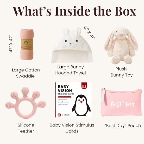 New Baby Gift Basket Set with Adorable Newborn Essentials for Baby Girl and Boy | Quality Baby Shower Gift Baskets with Soft Swaddle Blanket | Cutest Newborn Gift Set, Gift-Ready Packaging (Pink)