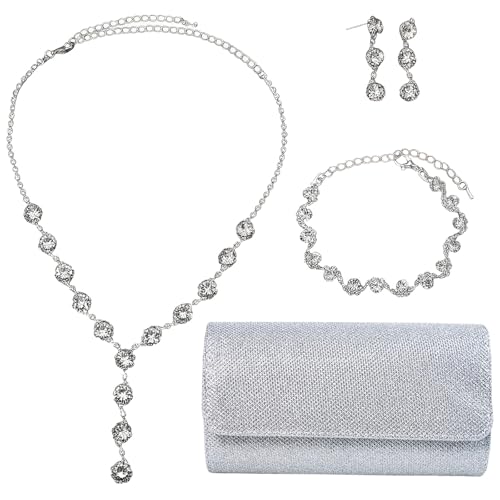 SSKHE Conjunto de jóias de casamento para noiva, bolsa de mão prateada, brincos, pulseira, colar de diamantes de imitação, jóias de festa para noivas e damas de honor, acessórios de casamento