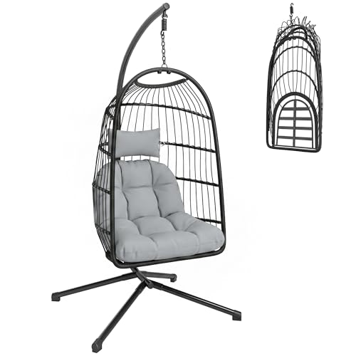 Outsunny Fauteuil Œuf Suspendu Pliable avec Support - Balançoire de Jardin avec Coussin 15cm et Appui-tête - Chaise Suspendue Intérieure et Extérieure,...
