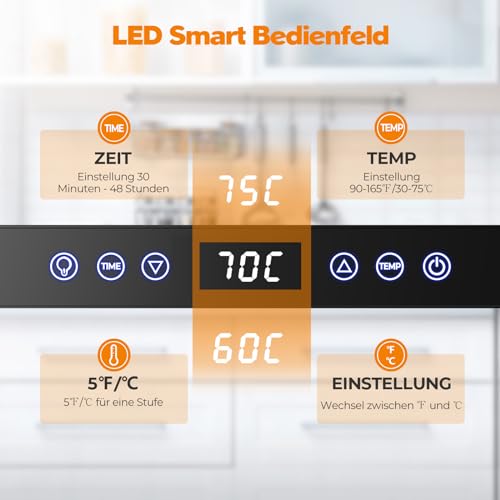 YASHE Edelstahl Dörrautomat mit digitaler Steuerung (Temperatur bis zu 75°C, Timer bis zu 48 Stunden), 9 Tabletts Dörrgerät für Obst und Gemüse, rückseitiger Ventilator für 360° Luftzirkulation, 800W – Bild 4