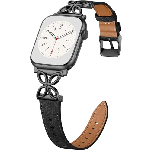 SNBLK Slim Leather Band Compatible with Apple Watch Bands for Women 40mm 41mm 42mm 44mm 46mm 49mm 38mm 45mm, Top Grain Leather Floral Dressy Thin Strap for iWatch SE Series 11 10 9 8 7 6 5 4