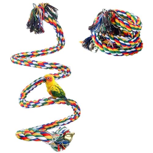 Image of ZIBUYU Birds & Parrot Toy - Rope Perch, Swing & Bungee Climbing Set with Steel Core, Food-Safe & Natural Colors, Chewing, Exercise & Play for Parrot, Cockatiels, Parakeets, (Length1m with Bell)