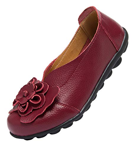 Image of Women's Slip-On Loafers, Comfortable Leather Walking Flats with Memory Foam Insole, Anti-Slip Casual Shoes for Work Office Driving