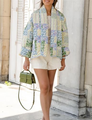 Flygo Womens Cropped Puffer Jacket Floral Print Quilted Coat Lightweight Warm Padded Down Jackets3