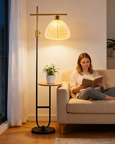 Image of 66IN Gold&Black Dimmable Floor Lamps with Storage Table, Modern Standing Tall Lamp with Milky White Lampshade, Cross-Shaped Lamp Head and U-Pole Base Style for Living Room /Bedroom