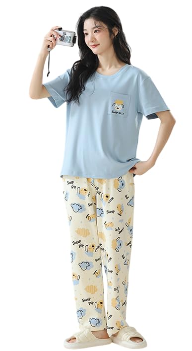 Image of GLASGO Women's Cotton Pajama Set with Top & Pants|| Korean Night Wear|| Loose Fit Home Wear || Lightweight Printed Set || Soft & Comfy Sleepwear for Girls & Women || LNS-4-$