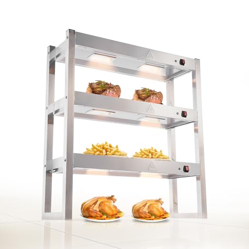 HAKKA FOOD PROCESSING - Commercial Food Heating Lamp, Buffet Food Warmer Light Stainless Steel Heated Gantry Triple Tier for Fried Chicken French Fry Warming Station with Independent Switch, 6x300W Bulbs