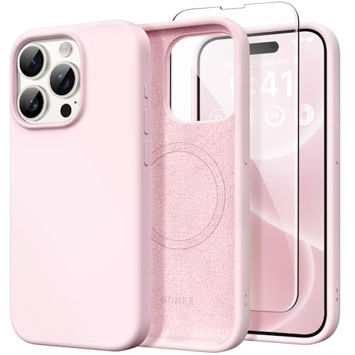 GONEZ Magnetic for iPhone 15 Pro Max Case, [Compatible with MagSafe] Anti-Scratch Microfiber Lining & Screen Protector, Shockproof Slim Phone Silicone Cover 6.7 inch, Chalk Pink
