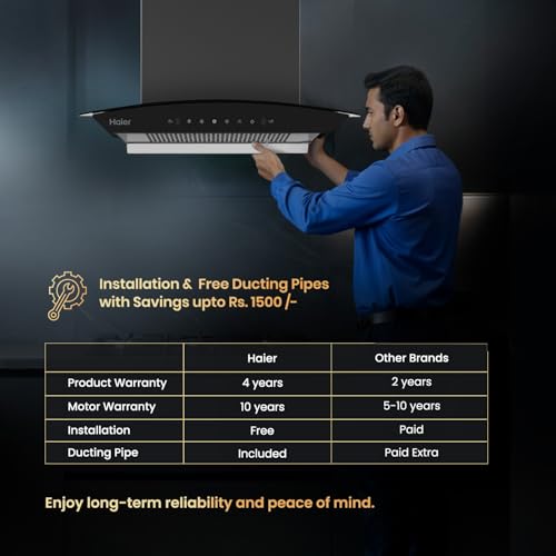 Image of Haier 60 cm 1600 m3 /hr Filterless Autoclean Kitchen Chimney Low Noise, 220W Motor, Unibody Design (Zero Weld Body), 10 Yr Motor & 4 Yr Product Warranty, Free Installation Kit, Black, HIH-G60HM-NE