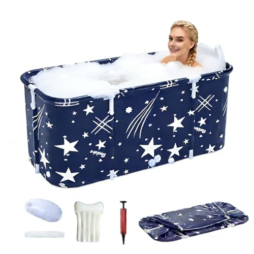 Portable Bathtub 1.4M Extra Large Adult Bathtub with Backrest & Cushion Folding Bathtub Soaking Tub Collapsible Separate Family Bathroom SPA Bathtub Thicken Layer for Ice & Hot Baths 1406050cm