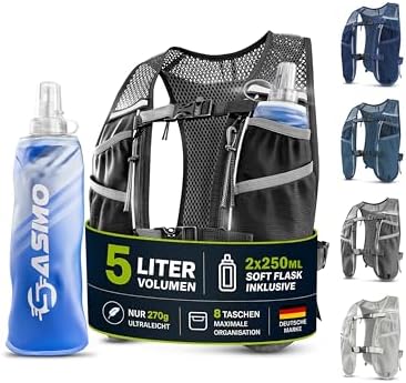 SASMO Laufweste Damen & Herren mit Trinkflasche, 270g Ultraleicht | Trinkweste Laufen, Laufrucksack, Trinkrucksack, 8 Taschen, 2L Trinkblase kompatibel, Atmungsaktiv, Joggen Wander