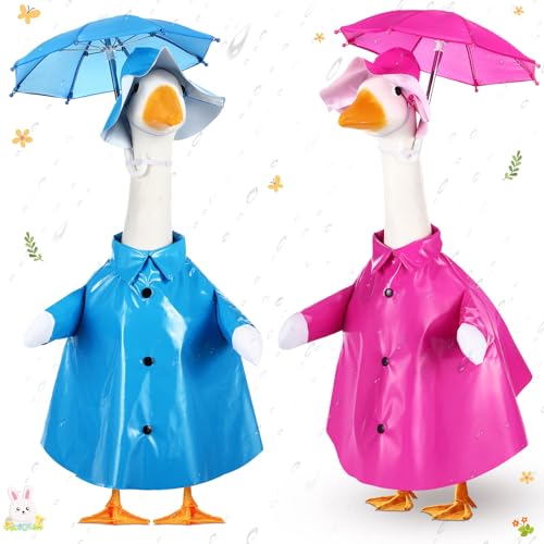 Yeyeplum 2 Set Porch Goose Outfit Raincoat and Umbrella Spring Lawn Porch Goose Cloths Costume Raincoat Outfit for Spring Outdoor Patio Yard Lawn Decoration(23 Inches,Blue and Rose Red)
