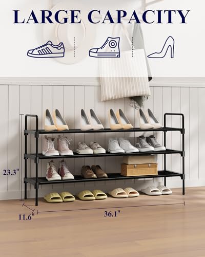 Image of Kitsure Shoe Rack for Closet, Shoe Organizer for Front Door Entrance, Stackable Shoe Shelf, Detachable Closet Organizers and Storage, 36.1 inch Wide - 3 Tiers, Black | Closet, Front Door Entrance, Entryway, Stackable & Detachable Shelf, Closet Organizers and Storage