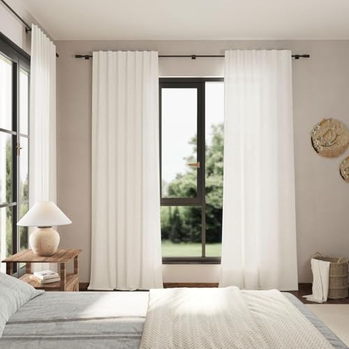 Image of Nanspring Beige White Linen Curtains for Living Room 95 Inches Long Back Tab and Rod Pocket Light Filtering Semi Sheer Curtain Rustic Farmhouse Decor Luxury Drapes for Bedroom Office 52x95, 2 Panels