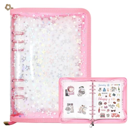 Ruatu Sticker Storage Organizer Binder A5 Sticker Collecting Book Reusable Zipper Album with Clear Laser Star Cover and Pocket Pages (Pink)
