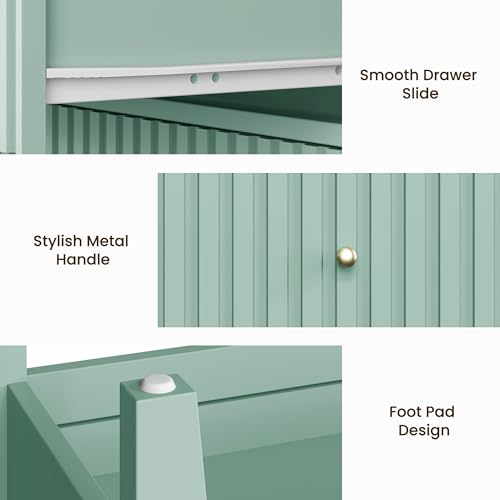 FansaFurn Fluted Night Stand Set of 2, Wide Nightstand with 2 Drawers, 23\" Tall Wood End Table with Storage, Modern Bedside Table with Golden Handle for Bedroom Living Room, Home Office, Green - Thumbnail 4