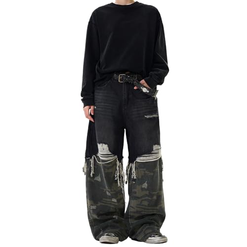 Baggy Jeans Men Distressed Barrel Jeans Men Frayed Wide Leg Streetwear for Skater Denim Pants Grunge