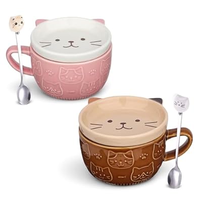 Beyinli Juego de 2 tazas de café con tapas de gato, tazas de té Kawaii, divertidas tazas de desayuno, regalos de cumpleaños de Navidad para mujeres, amigos y niños | Ya disponible en tu tienda friki favorita! En mundofriki.es!
