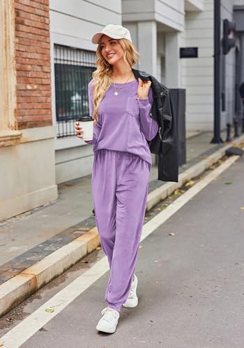 Ekouaer Womens Pajamas Sets Long Sleeve Soft Sleepwear 2 Piece Velvet Pjs Lounge Sets with Pockets