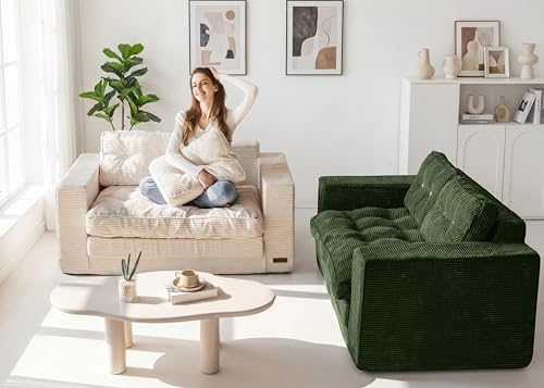 MAXYOYO Convertible Sofa Bed, Pull Out Loveseat Sleeper Sofa, 2 in 1 Folding Couch Bed, Fold Out Floor Couch with Pillows for Living Room Bedroom Lounge, Dark Green by MAXYOYO - Image 3