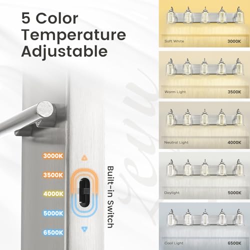 Image of zeyu 30W Dimmable Bathroom Lighting, 5 Light LED Bathroom Wall Lights with 5 Color Modes, Brushed Nickel Finish with Crystal Bubble and Clear Glass, ZSL72B-5W LED BN
