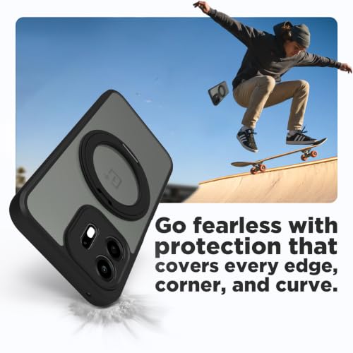 Image of RIGGEAR Shockproof Sleek Hybrid Armor 360 Rotating Magnetic Ring Stand Back Cover Case Compatible with MagSafe Accessories for OnePlus N6 5G (Clear PC + Black TPU Bumper)