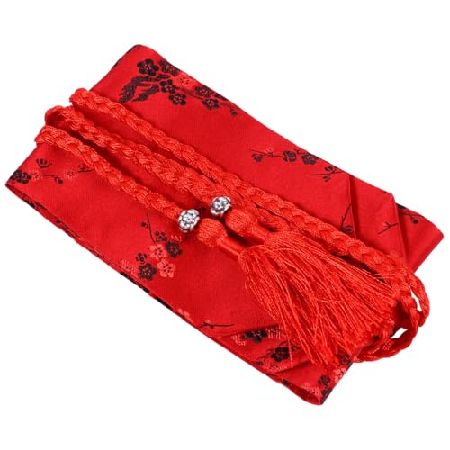 Ethnic Style Women Waist Belt Japanese Kimono Waistband with Embroidered Flower Pattern Braided Tassel Pendant Sash for Dress Shirt Yukata Red
