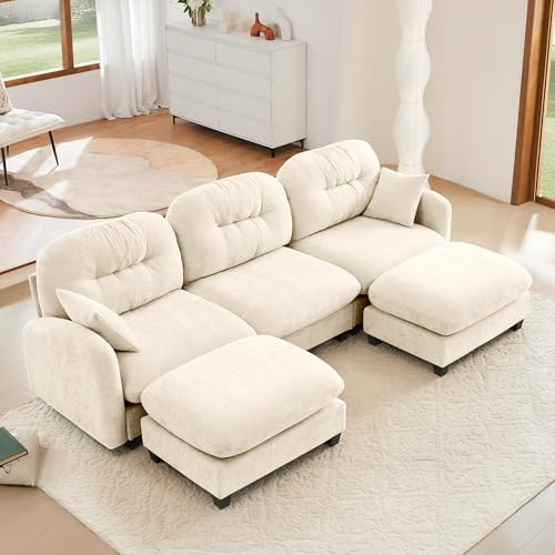 Image of KEIKI 107 inch U-Shaped Oversized Chenille Modular Sectional Sofa with 2 Ottoman, High-Density Foam Cushions, Tufted Pleated Cushion Backrest, Modern 3-Seater Couch with 2 Pillow, for Living Room, Beige