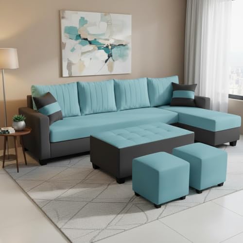 Image of FURNY Avenue 8 Seater Fabric RHS L Shape Sofa Set with 1 Centre Table & 2 Puffy (Sky Blue-Dark Grey) Premium Velvet Finish