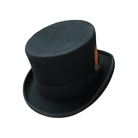 BLACK 100% WOOL FELT HAND MADE TOP HAT WITH SATIN LINING BOW BAND AND FEATHER (Medium (57cm)) Cover