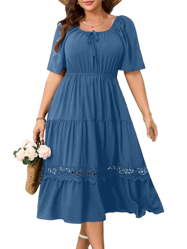 Image of RWJ Women's Plus Size Maxi Dress Short Sleeve Square Neck Flowy A-Line Lace Trim Flutter Party Casual Off Shoulder Dresses