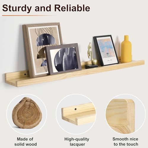 RANXFLOAT Picture Ledge Shelf for Wall, Floating Shelf with Lip, Wooden Long Floating Shelves for Decor, Solid Wood Wall Shelves for Living Room, Bedroom, 36 Inch Set of 2 Varnish