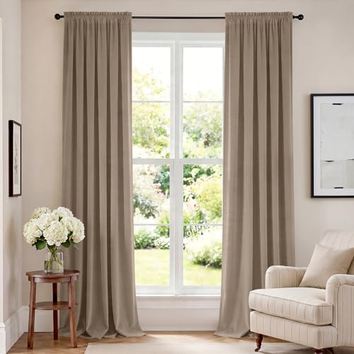 Image of Extra Long Light Taupe Curtains Rod Pocket 52x108 Inch 2 Panels | Soft Velvet, For Tall Windows & High Ceilings, Light Shifting Texture, Elegant Luxury Drape, Rich, Rod Pocket