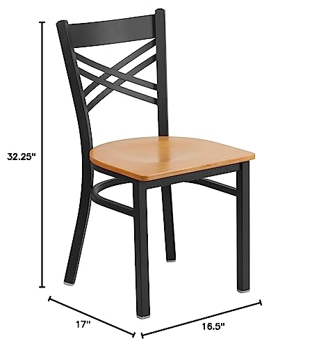 Image of Flash Furniture 2 Pack HERCULES Series Black ''X'' Back Metal Restaurant Chair - Natural Wood Seat