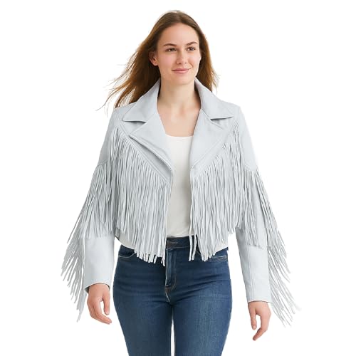 Treegalore Womens Genuine White Lambskin Leather Western Cowgirl Fringe Jacket With Fringe Native American Style