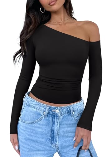 REORIA Womens 2025 Fall Fashion Long Sleeve Shirts Double Lined Casual Slim Fitted Off The Shoulder Tops