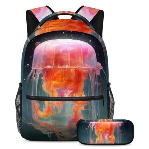 Ensemble cartable bleu océan rose méduse grand sac à dos bicolore avec trousse assortie