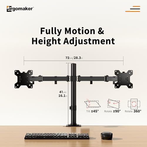 Image of ERGOMAKER Fully Adjustable Dual Monitor Arm for 2 Screens up 13 inch to 27 inch | Heavy Duty Dual Monitor Mount for Desk,two mounting options