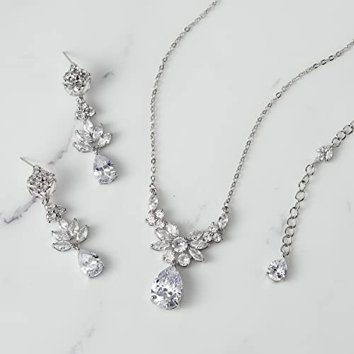 Sweetv Teardrop Wedding Bridal Jewelry Set For Brides Women Bridesmaid, Crystal Rhinestone Backdrop Necklace Earring Sets For Prom, Silver #TOP3