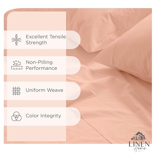 Image of Linen Home 100% Cotton Percale Sheets Full Size, Tropical Peach, Deep Pocket, 4 Pieces Set- 1 Flat, 1 Fitted and 2 Pillowcases, Crisp Cool and Long Staple Strong Bed Linen