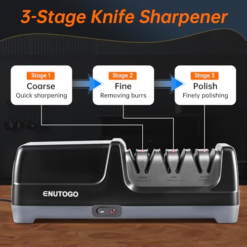 Image of Enutogo Knife Sharpener, Professional 3-Stage Electric Knife Sharpener for Kitchen Knives, 100% Diamond Abrasive for 20 Precision Angle Guide, Quickly Sharpening and Polish Blades