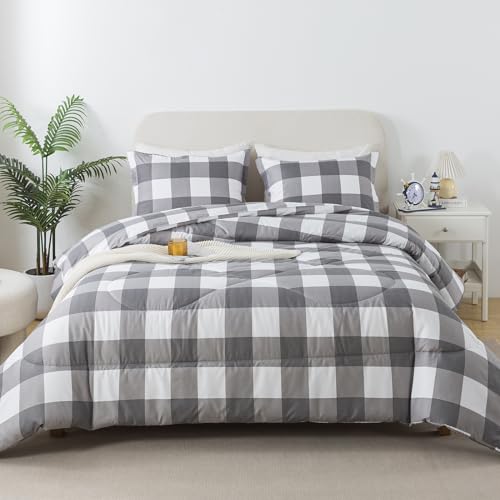 Image of Caressma Full Size Plaid Comforter Set, Gray Buffalo Check Bedding Set | Classic Gingham Pattern Print Soft Microfiber 3 Pieces Boy Comforter Bed Set with Pillowshams for All Seasons