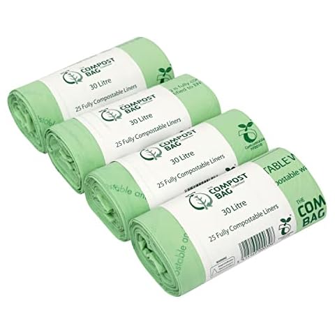 30 Litre x 100 Compostable Caddy Bags - Compost Bag Kitchen Food Waste Compost Liners 30L - EN 13432 - Compost Bag Pedal/Kerbside Bin Bags with Composting Guide Cover