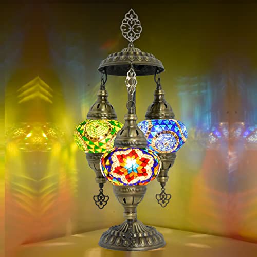 Mozaist 3 Globe Turkish Mosaic Handmade Table Lamp, Moroccan Boho Decor Desk Light, Tiffany Style Vintage Bedside Lampshade, Living Room Decor Colorful Light With Us Plug & E12 Socket (Anatolian Star) #TOP10