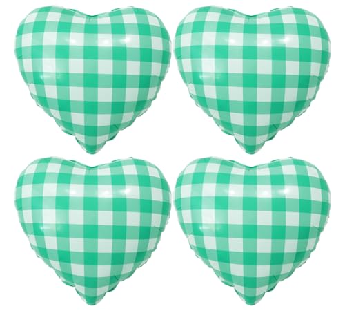 Image of 4pcs 18 inch Green Heart Checked Balloons Striped Plaid Heart Foil Balloons for Spring Party Decorations Picnic Party Decor Love Theme Birthday Party Wedding Baby Shower Versatile Party Decor