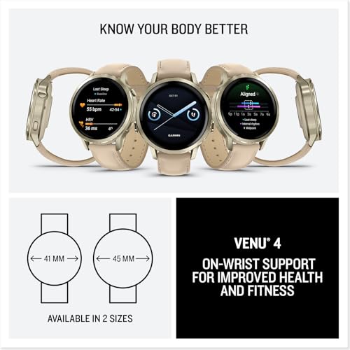 Image of Garmin Venu 4, 41mm, Advanced Health and Fitness GPS Smartwatch, Bright and Colorful Display, Built-in Flashlight, 10 Days of Battery Life, Lunar Gold with Bone Silicone Band /Light Sand Leather Band