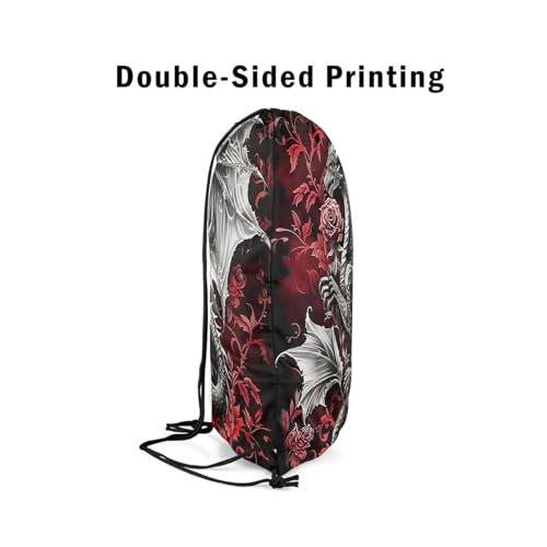 Image of jejeloiu Medieval Fantasy Dragon Drawstring Backpack 13x15.7inch Red Rose Waterproof Gym Drawstring Bags Damask Print Sports String Backpack Beach Swim Travel Bag Sackpack