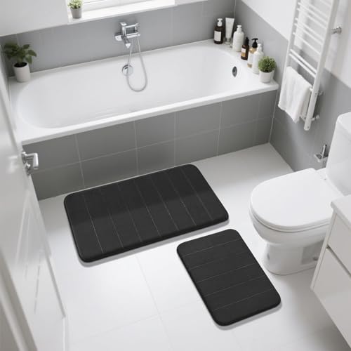 Image of Yimobra 2 Pieces Memory Foam Bath Mat Sets, 17x24+44.1x24 Inches for Bathroom Rugs, Toilet Mats, Non-Slip, Soft Comfortable, Water Absorption, Machine Washable (Black, 17 inchx24 inch+31.5 inchx19.8 inch)
