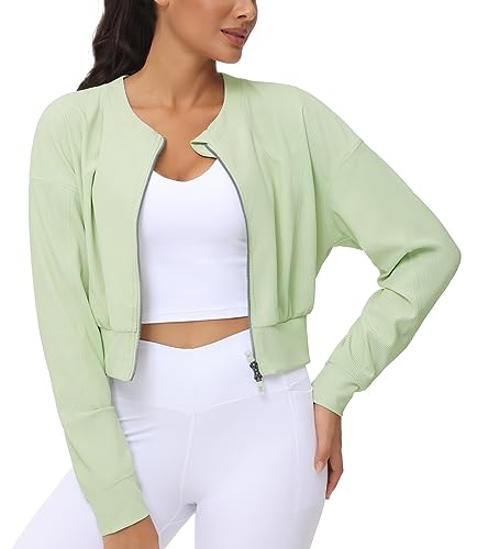 THE GYM PEOPLE Women's Cropped Jackets Full Zip Long Sleeve Ribbed Workout Sweatshirts Lightweight Casual Tops4